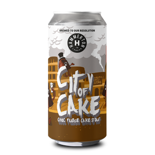 A can of CITY OF CAKE Choc Fudge Cake Stout 5.5% with an illustration of a cake and coffee-related imagery.