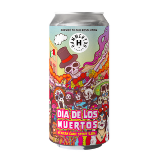 A can of DIA DE LOS MUERTOS - MEXICAN CAKE STOUT 5.8% with colorful and playful graphic design featuring characters and chili peppers.