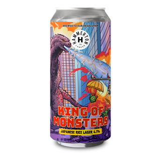 Beer can with colorful design featuring a dragon and cityscape, labeled 'King of Monsters' on a white background.