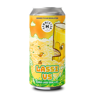 A can of Hammerton Lassi Vs - Sour Fruited Gose beer with a illustration of a character drinking a beverage, and text indicating the beer is a Mango Lassi Gose with 4.9% alcohol by volume.
